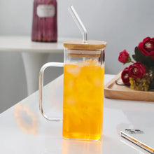Load image into Gallery viewer, Square Glass Cup With Bamboo Lid and Straw
